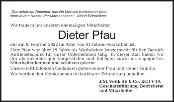 Traueranzeige von Dieter Pfau von Hohenloher Tagblatt