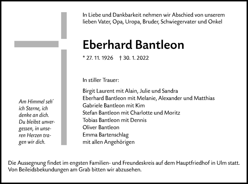  Traueranzeige für Eberhard Bantleon vom 05.02.2022 aus SÜDWEST PRESSE Ausgabe Ulm/Neu-Ulm