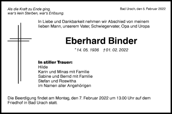 Traueranzeige von Eberhard Binder von Metzinger-Uracher Volksblatt