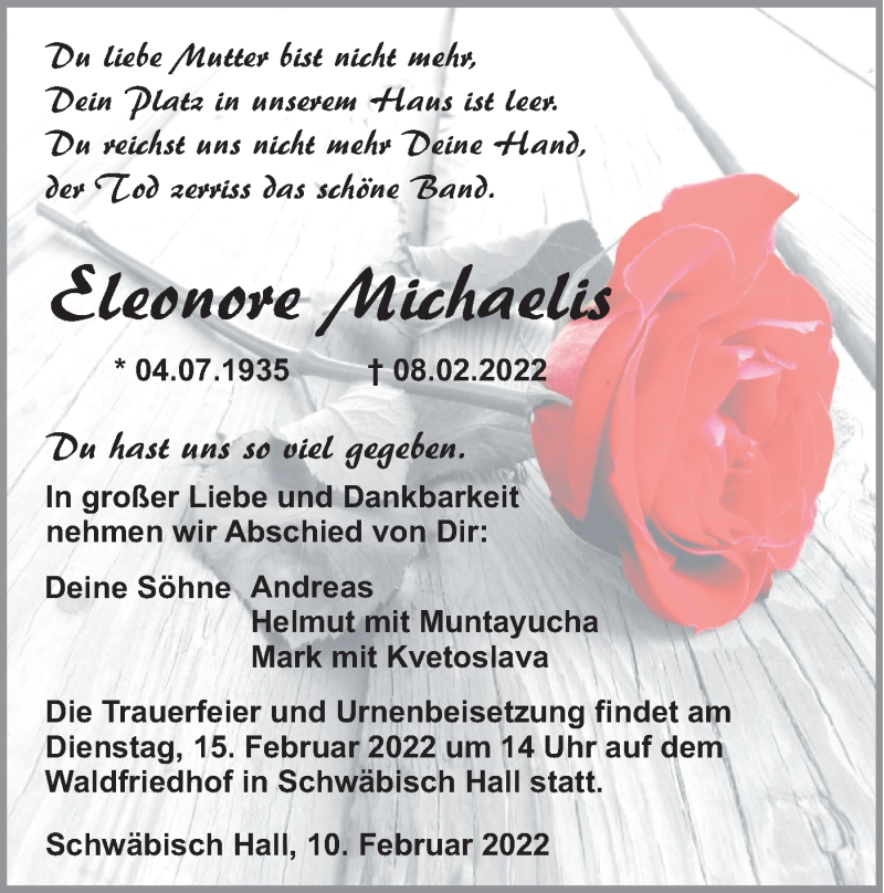  Traueranzeige für Eleonore Michaelis vom 10.02.2022 aus Haller Tagblatt