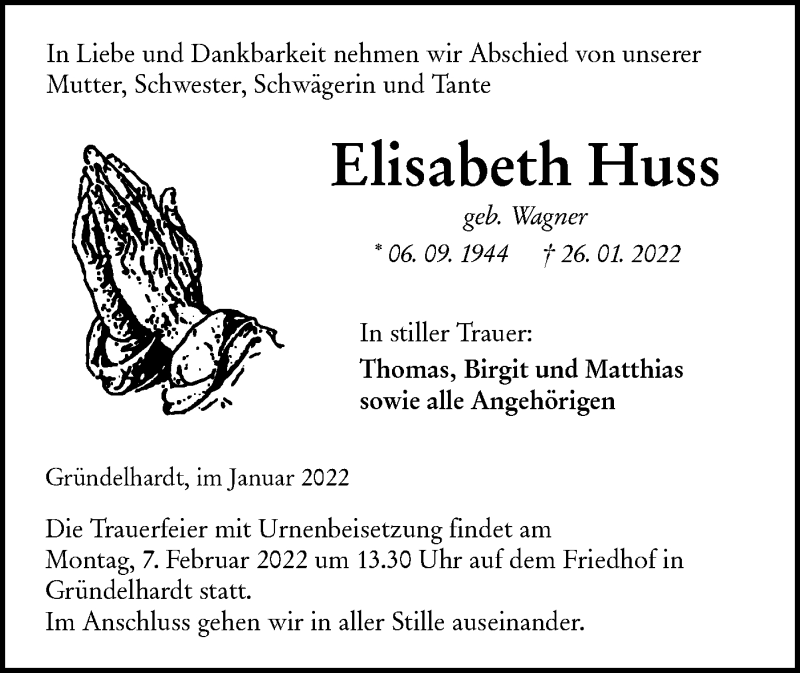  Traueranzeige für Elisabeth Huss vom 04.02.2022 aus Hohenloher Tagblatt