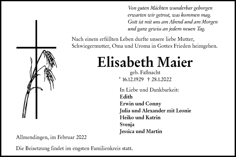  Traueranzeige für Elisabeth Maier vom 04.02.2022 aus Ehinger Tagblatt