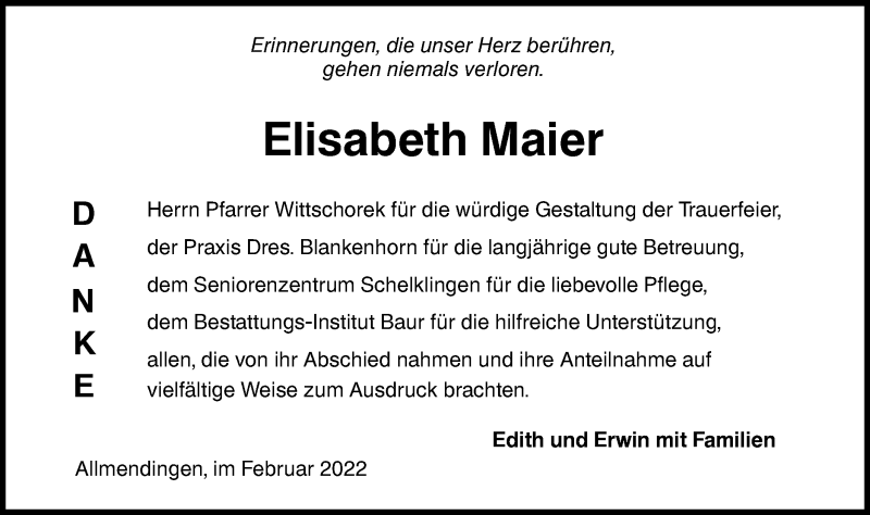  Traueranzeige für Elisabeth Maier vom 25.02.2022 aus Ehinger Tagblatt