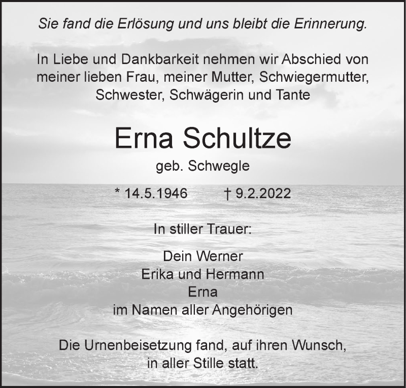  Traueranzeige für Erna Schultze vom 12.02.2022 aus SÜDWEST PRESSE Ausgabe Ulm/Neu-Ulm