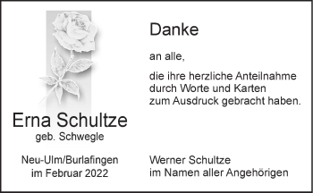 Traueranzeige von Erna Schultze von SÜDWEST PRESSE Ausgabe Ulm/Neu-Ulm