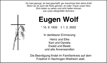 Traueranzeige von Eugen Wolf von Metzinger-Uracher Volksblatt