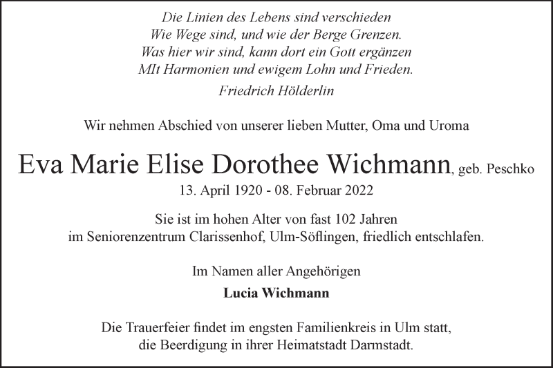  Traueranzeige für Eva Marie Elise Dorothee Wichmann vom 12.02.2022 aus SÜDWEST PRESSE Ausgabe Ulm/Neu-Ulm