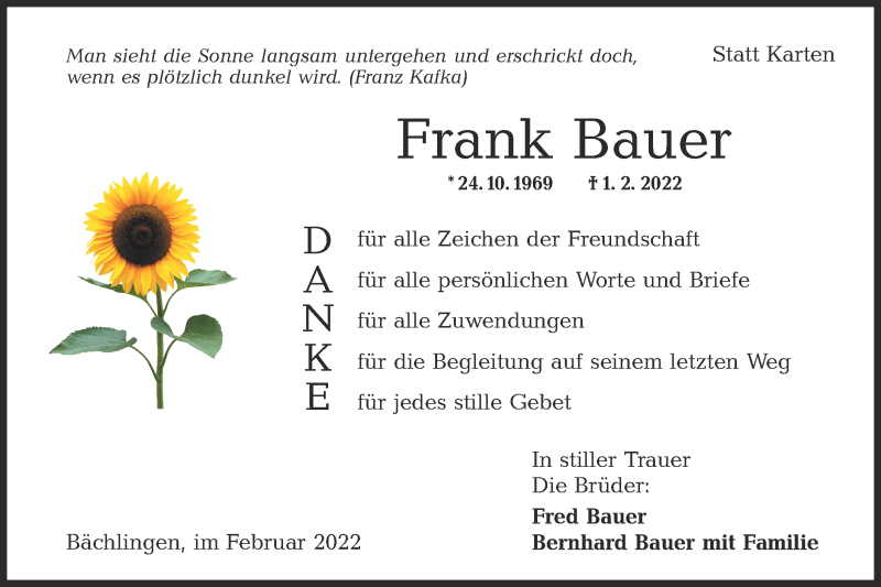  Traueranzeige für Frank Bauer vom 26.02.2022 aus Hohenloher Tagblatt