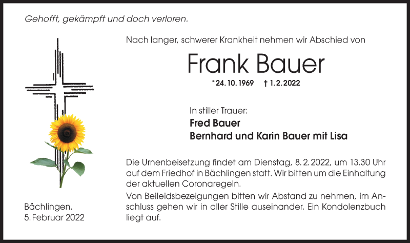  Traueranzeige für Frank Bauer vom 05.02.2022 aus Hohenloher Tagblatt