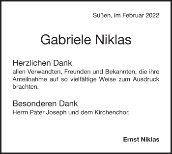 Traueranzeige von Gabriele Niklas von NWZ Neue Württembergische Zeitung