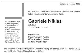 Traueranzeige von Gabriele Niklas von NWZ Neue Württembergische Zeitung