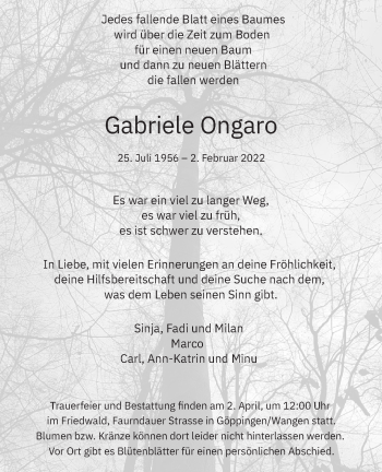 Traueranzeige von Gabriele Ongaro von NWZ Neue Württembergische Zeitung