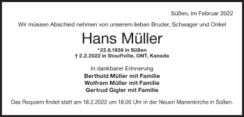 Traueranzeige von Hans Müller von NWZ Neue Württembergische Zeitung