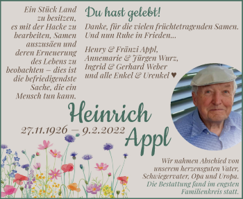 Traueranzeige von Heinrich Appl von SÜDWEST PRESSE Ausgabe Ulm/Neu-Ulm