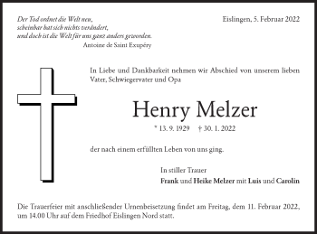 Traueranzeige von Henry Melzer von NWZ Neue Württembergische Zeitung
