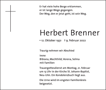 Traueranzeige von Herbert Brenner von SÜDWEST PRESSE Ausgabe Ulm/Neu-Ulm
