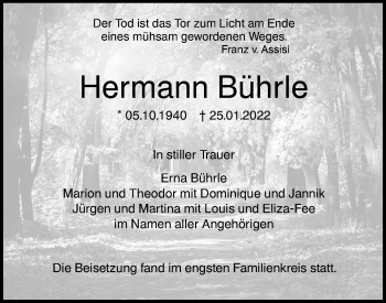 Traueranzeige von Hermann Bührle von SÜDWEST PRESSE Ausgabe Ulm/Neu-Ulm