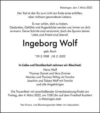 Traueranzeige von Ingeborg Wolf von Metzinger-Uracher Volksblatt