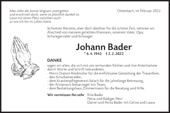 Traueranzeige von Johann Bader von NWZ Neue Württembergische Zeitung