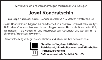 Traueranzeige von Josef Kondratschin von NWZ Neue Württembergische Zeitung