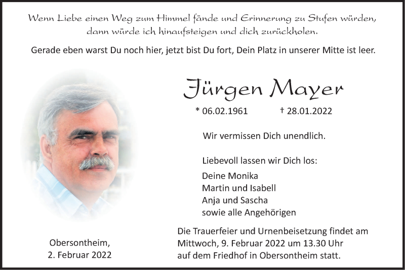  Traueranzeige für Jürgen Mayer vom 02.02.2022 aus Haller Tagblatt