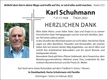 Traueranzeige von Karl Schuhmann von Hohenloher Tagblatt