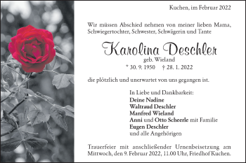 Traueranzeige von Karolina Deschler von Geislinger Zeitung