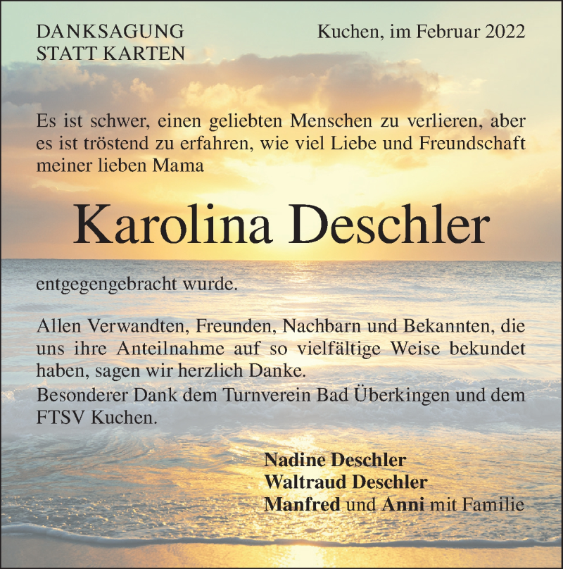  Traueranzeige für Karolina Deschler vom 22.02.2022 aus Geislinger Zeitung