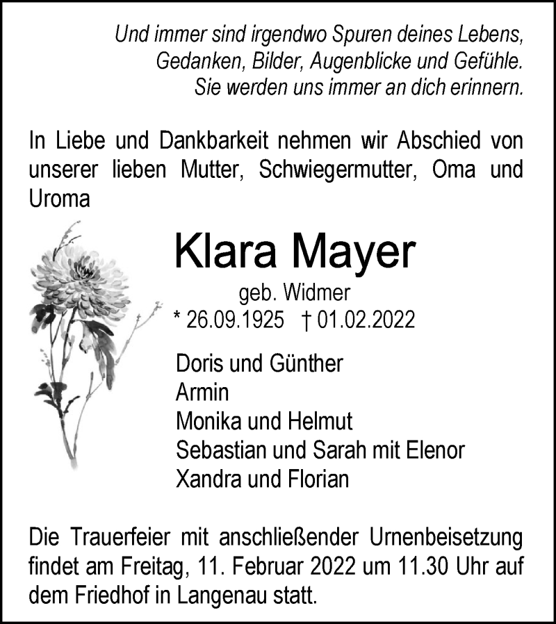  Traueranzeige für Klara Mayer vom 08.02.2022 aus SÜDWEST PRESSE Ausgabe Ulm/Neu-Ulm