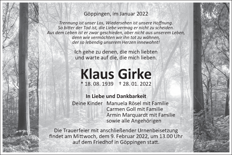  Traueranzeige für Klaus Girke vom 03.02.2022 aus NWZ Neue Württembergische Zeitung
