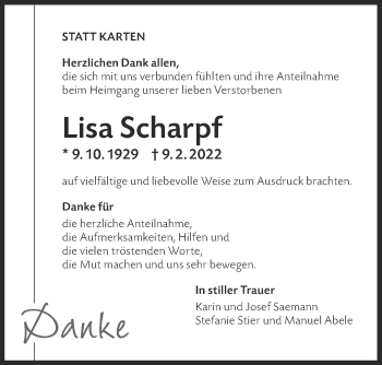 Traueranzeige von Lisa Scharpf von NWZ Neue Württembergische Zeitung