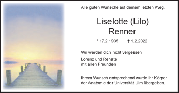 Traueranzeige von Liselotte Renner von SÜDWEST PRESSE Ausgabe Ulm/Neu-Ulm