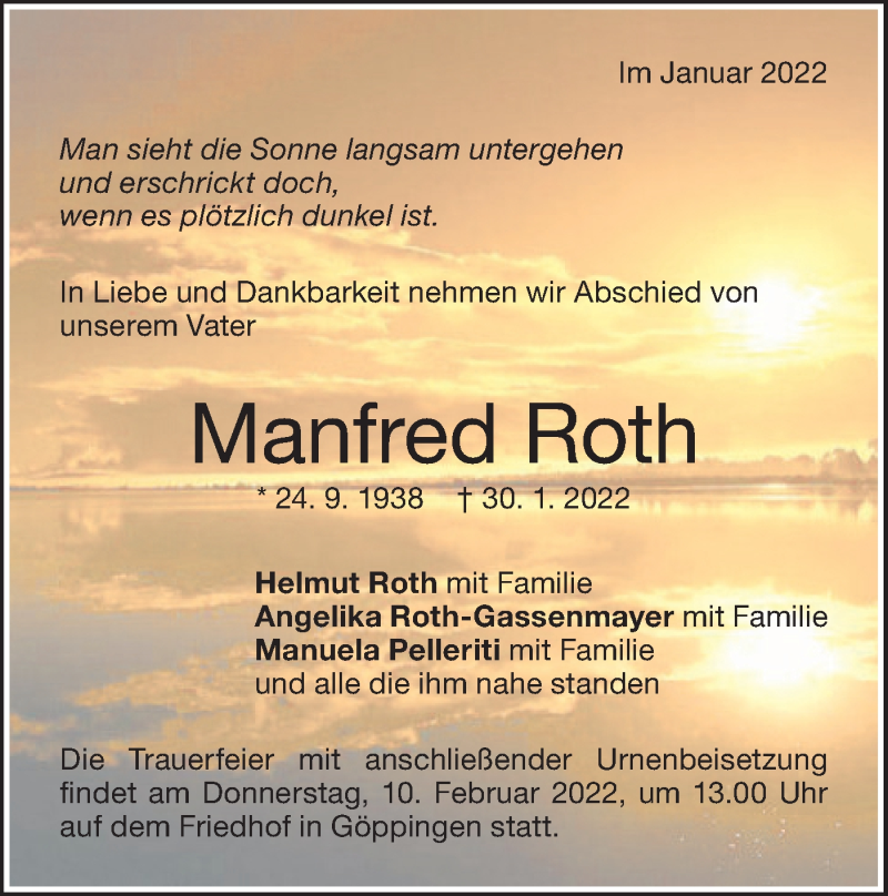  Traueranzeige für Manfred Roth vom 08.02.2022 aus NWZ Neue Württembergische Zeitung