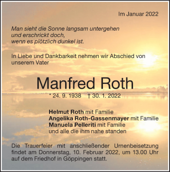 Traueranzeige von Manfred Roth von NWZ Neue Württembergische Zeitung