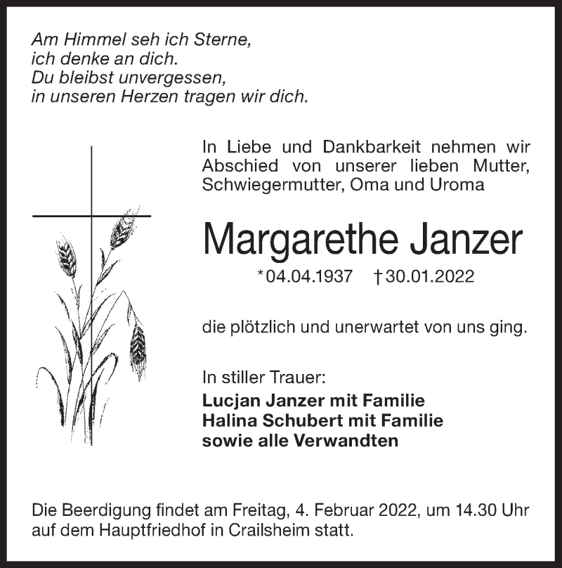  Traueranzeige für Margarethe Janzer vom 02.02.2022 aus Hohenloher Tagblatt