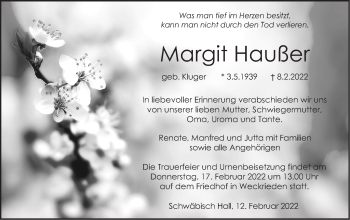 Traueranzeige von Margit Haußer von Haller Tagblatt