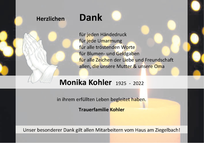  Traueranzeige für Monika Kohler vom 26.02.2022 aus Metzinger-Uracher Volksblatt