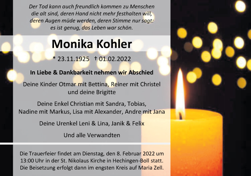  Traueranzeige für Monika Kohler vom 05.02.2022 aus Metzinger-Uracher Volksblatt