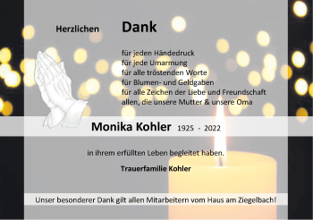 Traueranzeige von Monika Kohler von Metzinger-Uracher Volksblatt