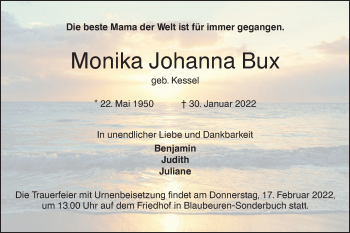 Traueranzeige von Monika Johanna Bux von SÜDWEST PRESSE Ausgabe Ulm/Neu-Ulm