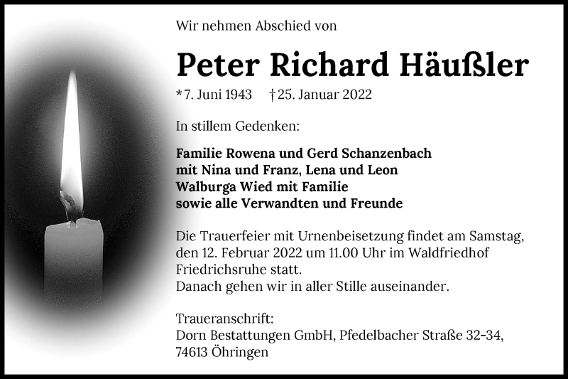  Traueranzeige für Peter Richard Häußler vom 09.02.2022 aus Haller Tagblatt