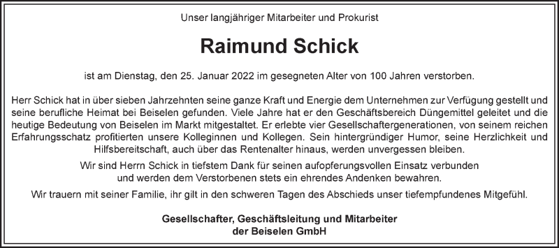  Traueranzeige für Raimund Schick vom 05.02.2022 aus SÜDWEST PRESSE Ausgabe Ulm/Neu-Ulm