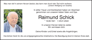 Traueranzeige von Raimund Schick von SÜDWEST PRESSE Ausgabe Ulm/Neu-Ulm
