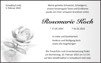 Traueranzeige von Rosemarie Koch von Haller Tagblatt