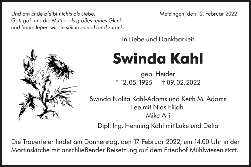  Traueranzeige für Swinda Kahl vom 12.02.2022 aus Metzinger-Uracher Volksblatt