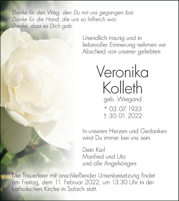 Traueranzeige von Veronika Kolleth von NWZ Neue Württembergische Zeitung