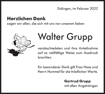 Traueranzeige von Walter Grupp von NWZ Neue Württembergische Zeitung