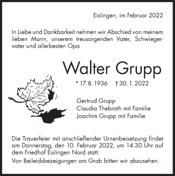 Traueranzeige von Walter Grupp von NWZ Neue Württembergische Zeitung