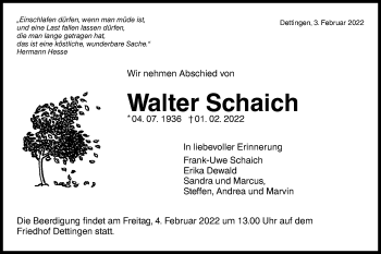 Traueranzeige von Walter Schaich von Metzinger-Uracher Volksblatt