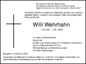Traueranzeige von Willi Wehrhahn von SÜDWEST PRESSE Ausgabe Ulm/Neu-Ulm
